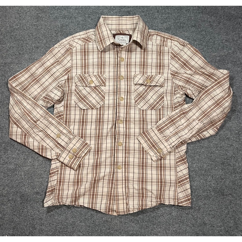 Fossil Mens Plaid Long Sleeve‎ Button Up Shirt Size Medium Cotton Brown Utility
